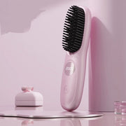 Draadloso pettine per capelli diritti, temperatura regolabile, pettine per capelli diritti mini ad alta velocità di riscaldamento, con visualizzazione LCD della temperatura, stilo USB ricaricabile portatile, ideale per viaggi, colore rosa.