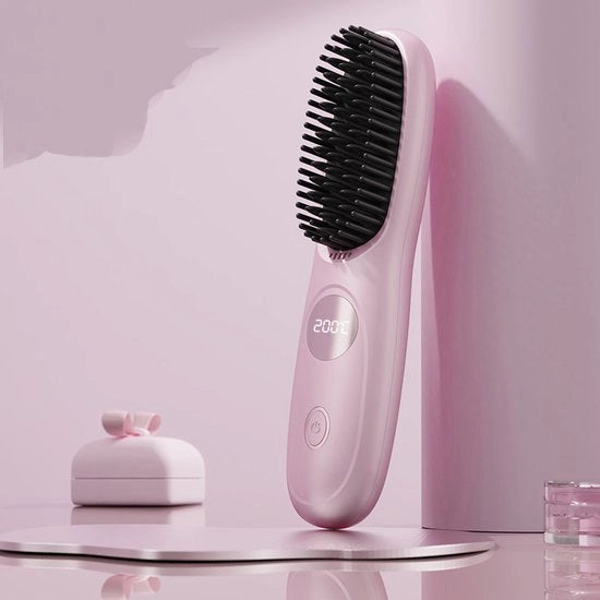 Draadloso pettine per capelli diritti, temperatura regolabile, pettine per capelli diritti mini ad alta velocità di riscaldamento, con visualizzazione LCD della temperatura, stilo USB ricaricabile portatile, ideale per viaggi, colore rosa.