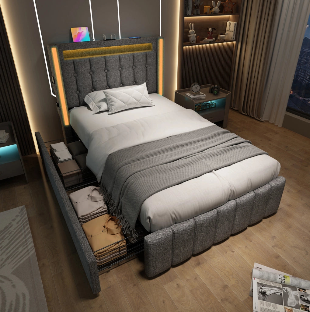 Letto singolo 90x200 cm con LED; porte USB e USB C; 2 cassetti; rivestimento in lino grigio