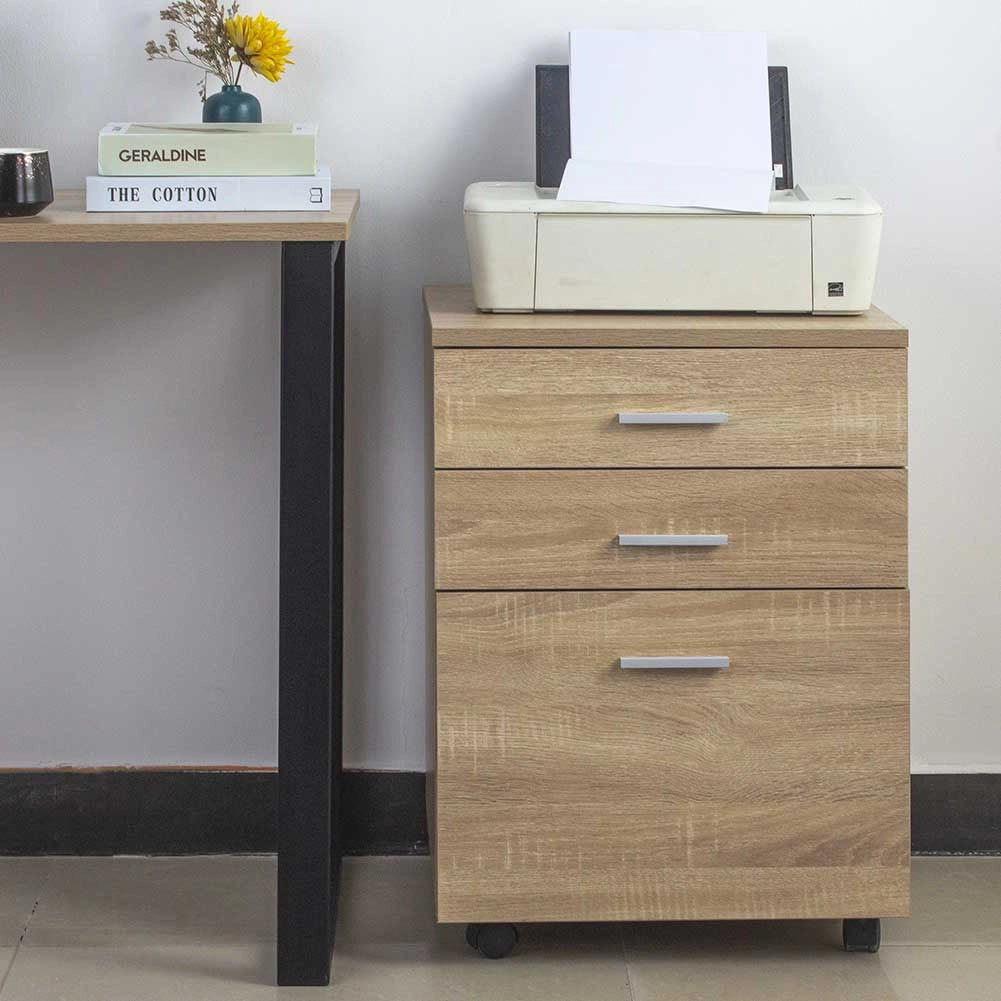 Cassettiera Scrivania Ufficio Legno MDF Mobiletto Stampante 3 Cassetti Quercia
