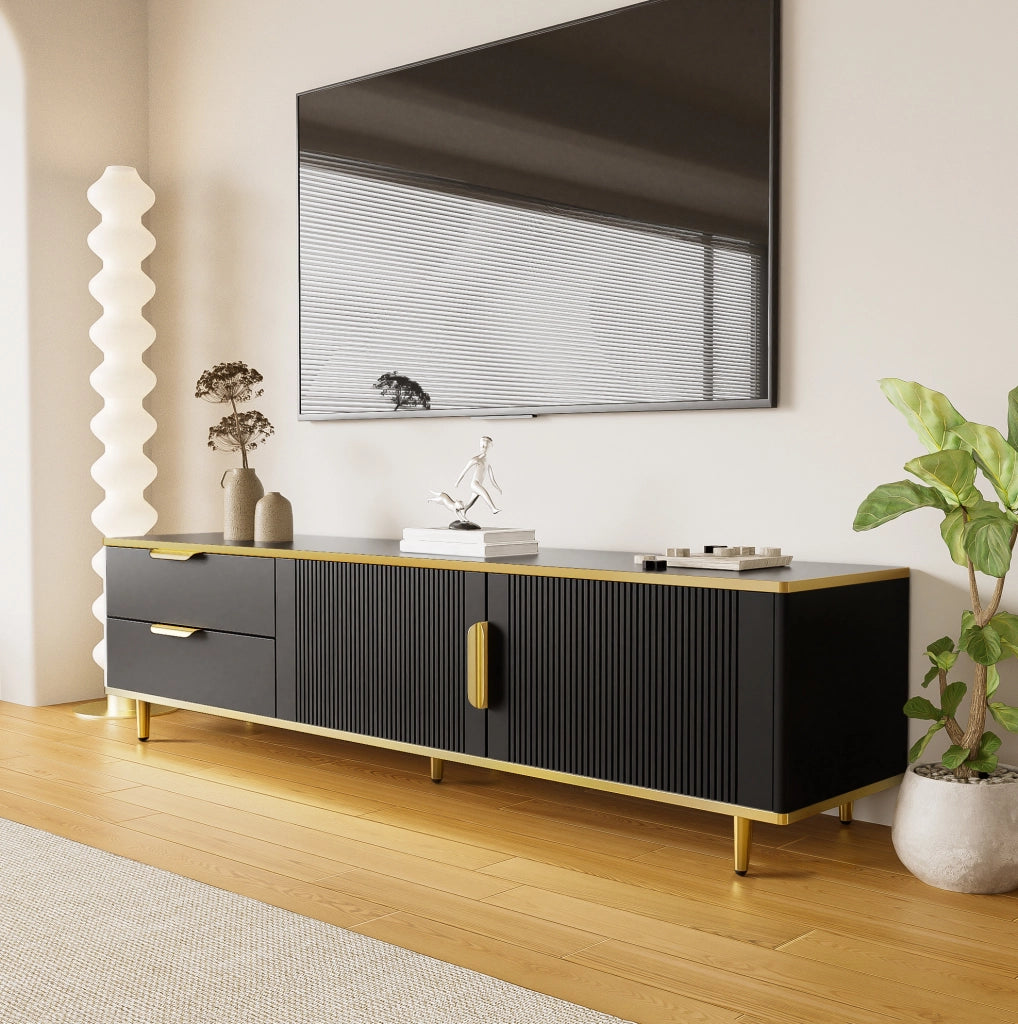 Mobile TV 170x45x37 cm con 2 cassetti e 2 ante in MDF e truciolare; nero e oro