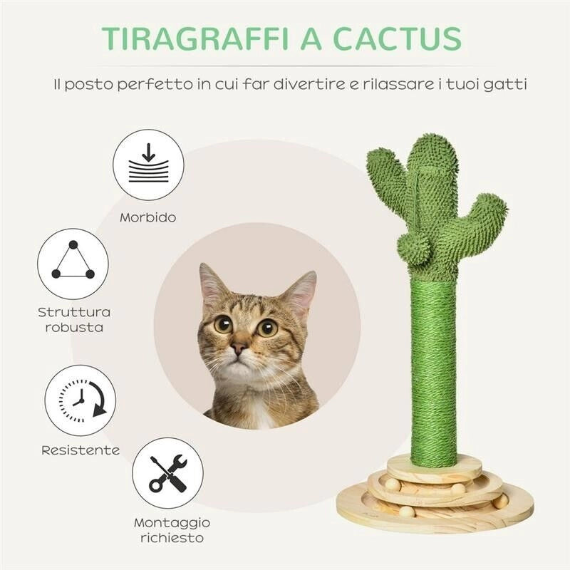 ALBERO TIRAGRAFFI A CACTUS PER GATTI, CORDA SISAL E BASE CON PALLINE IN LEGNO, 32X32X60CM