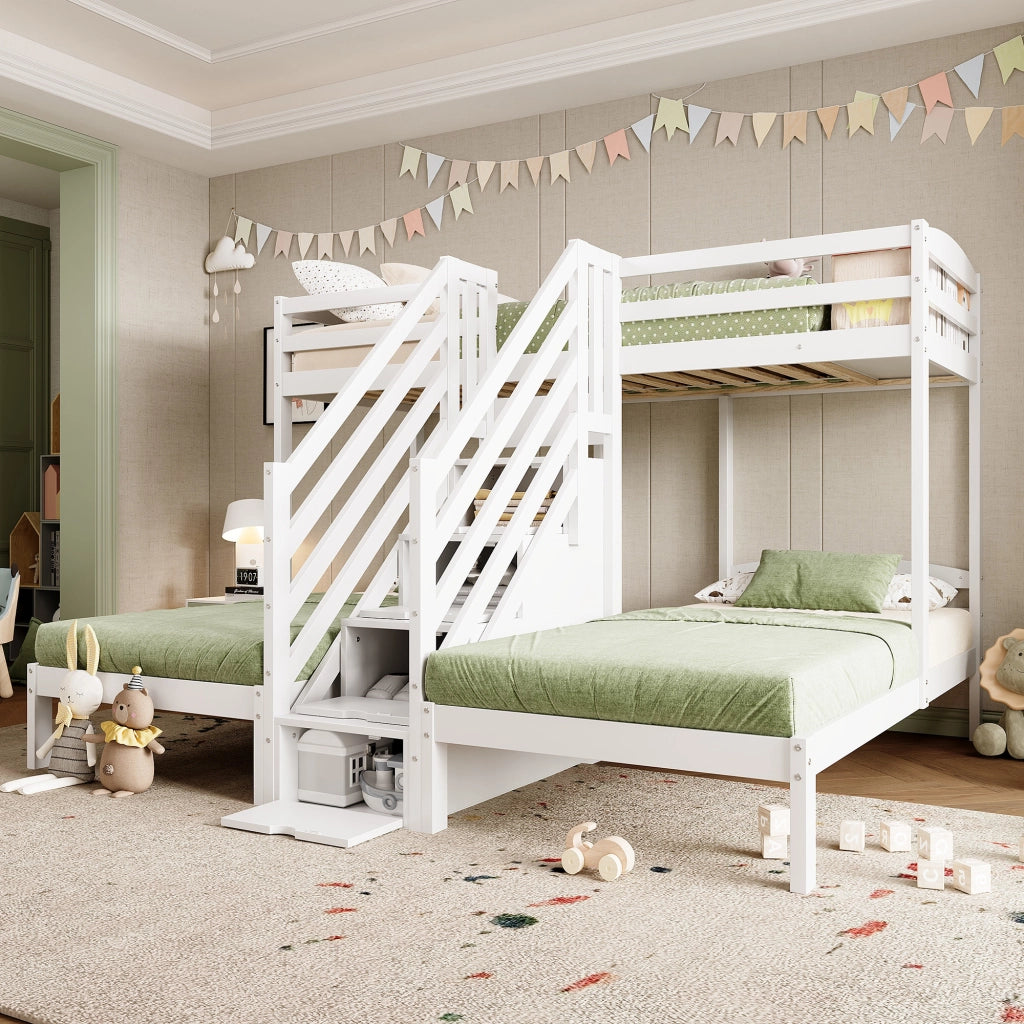 OKWISH Letto a Castello 90×200 cm, Letto 3 Posti con Scala Contenitore, Cassetti e Sponde, senza Materasso, in Pino, Bianco