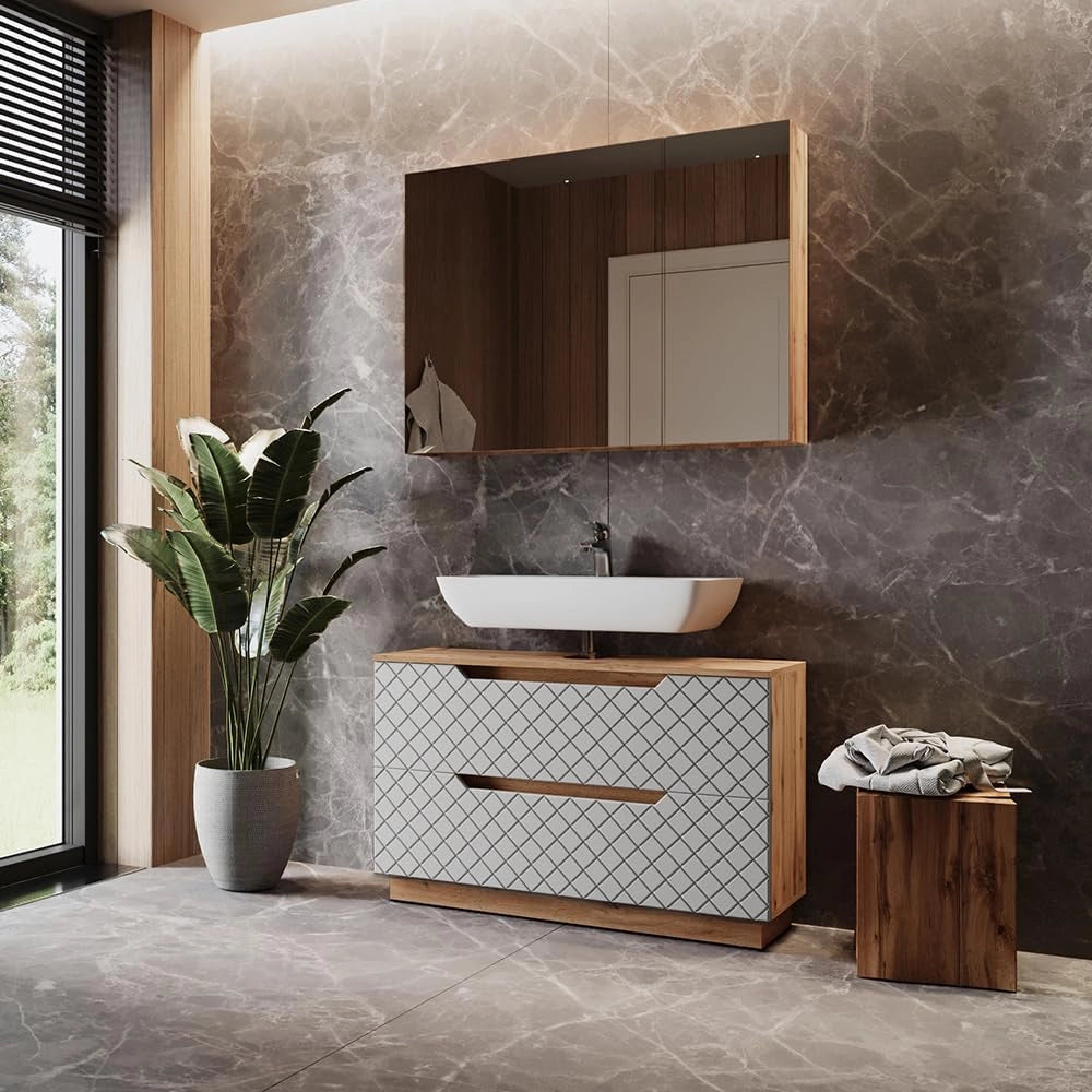 Set di mobili da bagno Lotta, Rovere/grigio con struttura in piastrelle, 2 parti