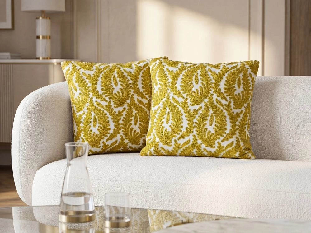 Set di 2 cuscini decorativi in cotone cachi motivo a foglie ricamate 45 x 45 cm Accessori per decorazioni floreali retrò