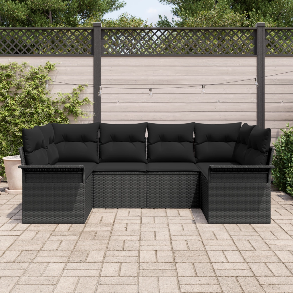 Set Divano da Giardino da 6 Pezzi con Cuscini Nero Rattan Poliestere
