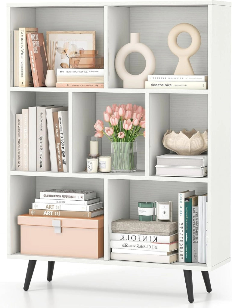 Libreria a 10 Cubi, Organizzatore di Stoccaggio Moderno con 5 Gambe di Metallo, Scaffale per Esposizione con 2 Kit Anti-Ribaltamento per Soggiorno Studio Camera da Letto, Bianco (140x24x107cm)