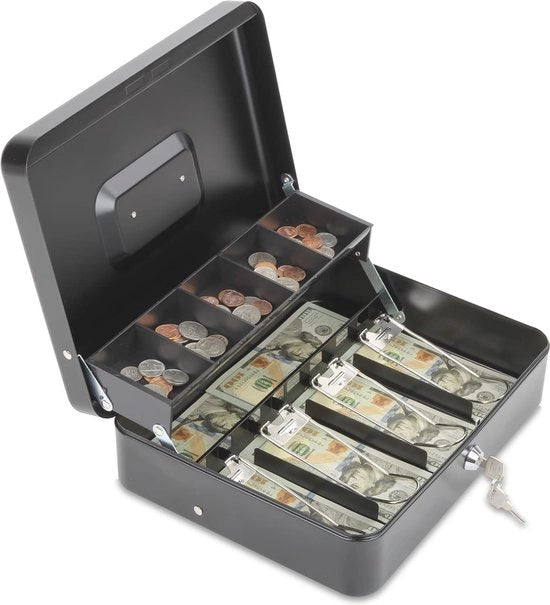 Cassa di Risparmio Portatile con Fermo Posta e Chiave - Contenitore Metallico con Compartimenti per Denaro e Oggetti di Valore