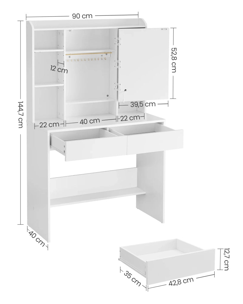 Toletta con specchio LED a 3 colori luminosità regolabile 40 x 90 x 144,7 cm con specchio ampio ripiano portaoggetti regolabile 2 cassetti stile moderno bianco 12_0005160