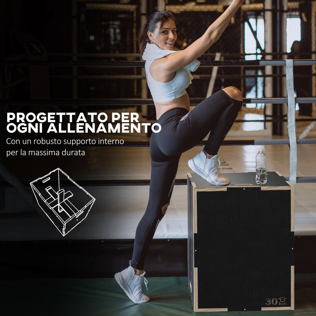 Box Jump Pliometrico a 3 Altezze in Legno Antiscivolo. 76-61-51cm. Nero