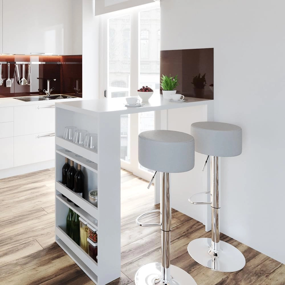 Tavolo bar alto, Bianco, 57 x 117 cm, con ripiani aperti per riporre utensili da cucina