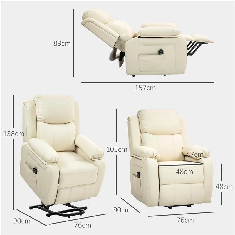POLTRONA ALZAPERSONA RECLINABILE A 160° CON POGGIAPIEDI E TELECOMANDO IN PELLE PU E ACCIAIO 76X90X105 CM CREMA