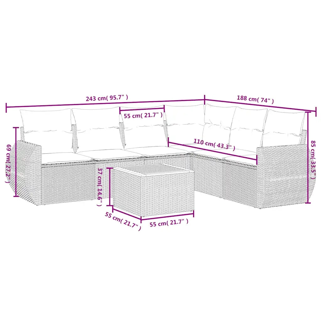 Set Divani da Giardino 7 pz con Cuscini Nero in Polyrattan 3225021