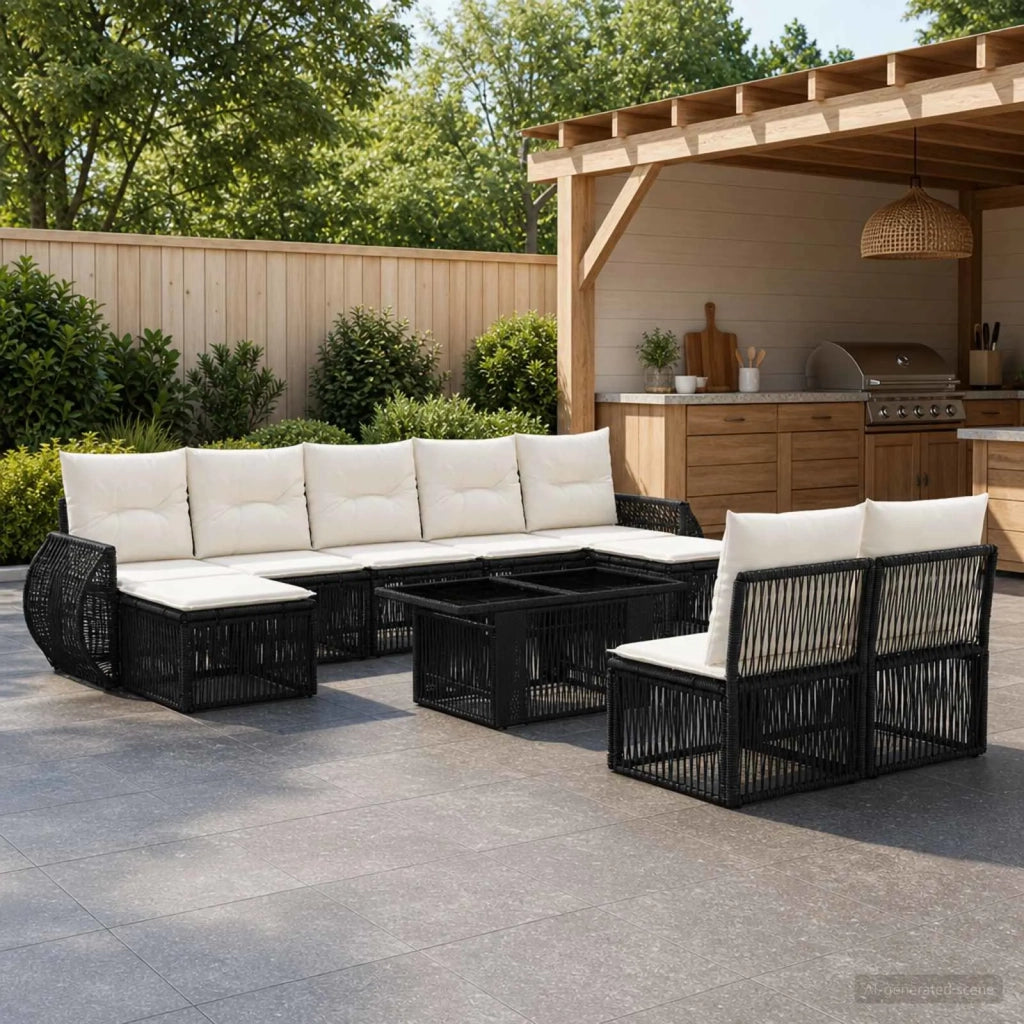 Set Divano da Giardino 10 pz Nero e Bianco Crema polyrattan 3436996