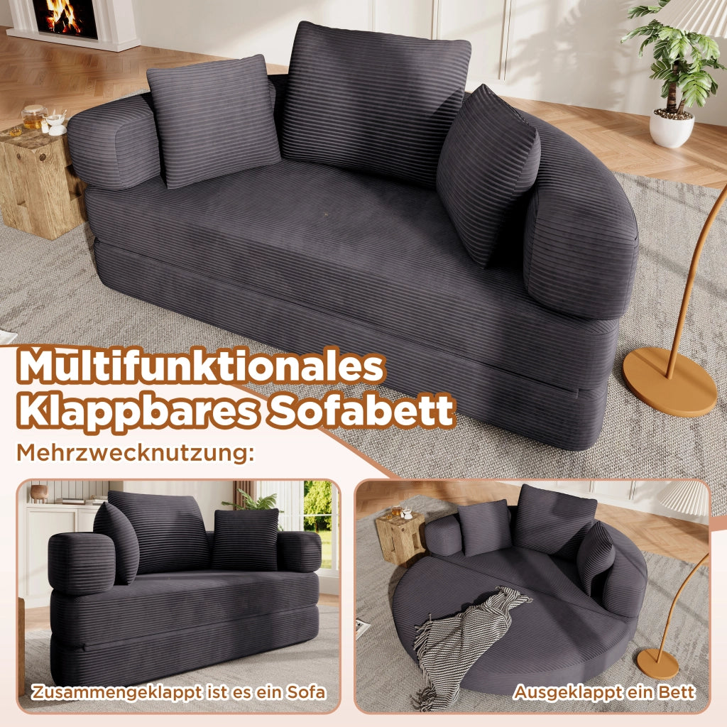 Divano letto pieghevole senza molle in velluto a coste con 3 cuscini e schienale alto nero 173 × 176 cm