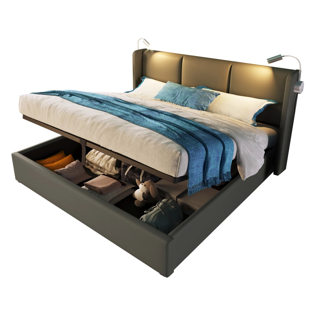 Letto matrimoniale 180x200 cm con contenitore; luce da lettura e 2 porte USB; grigio