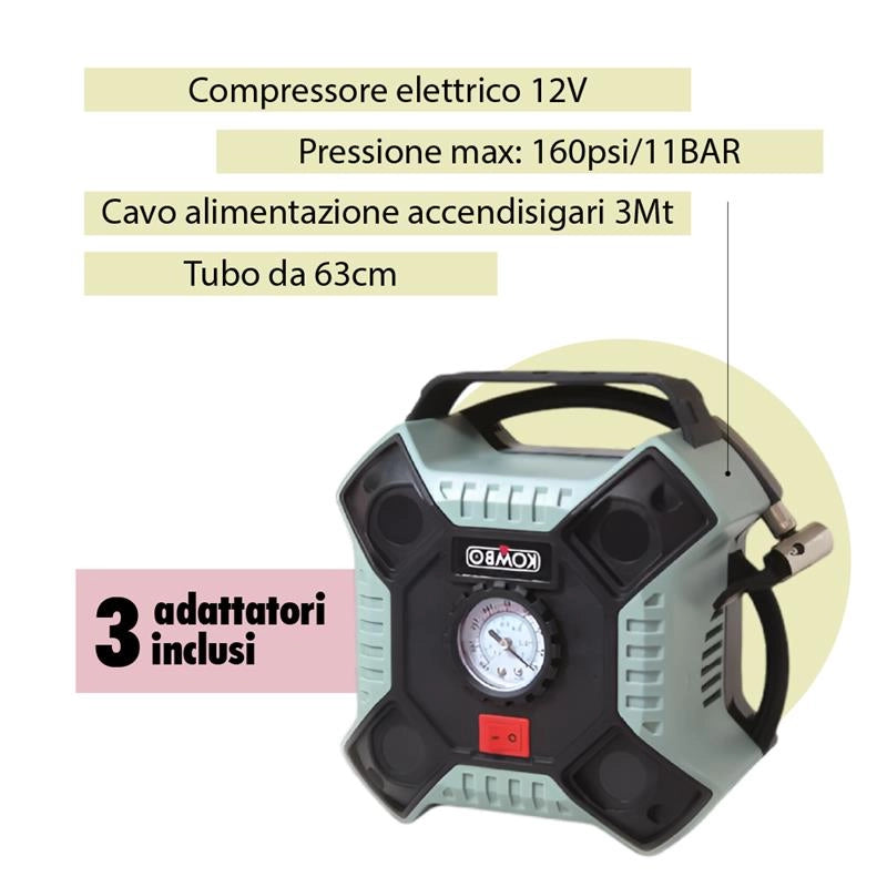 COMPRESSORE ELETTRICO PORTATILE  DA 12V CON 3 ADATTATORI E CAVO DA 3 MT PRESSIONE MAX: 160PSI/11BAR  OKP