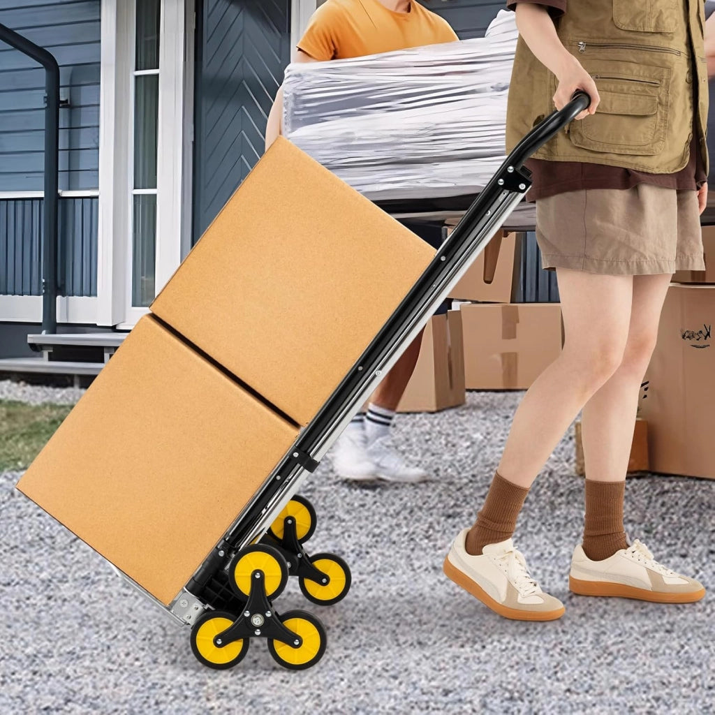 Carrello a Mano 2 in 1 e Scala, Scaletta Pieghevole a 3 Gradini in Alluminio con Ruote in Gomma e Pedali Antiscivolo, Carrello Portatile con Corrimano per Casa e Ufficio, Portata 250 kg