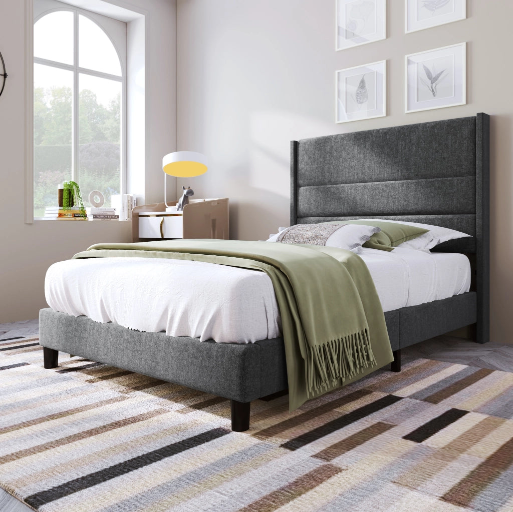 Letto imbottito 90x200 cm grigio con testiera e rete a doghe