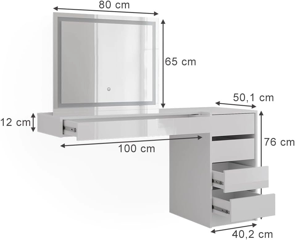 Tavolo da toeletta Sherry, Bianco, 100 cm 3 parti, con illuminazione LED e grande specchio per montaggio a parete