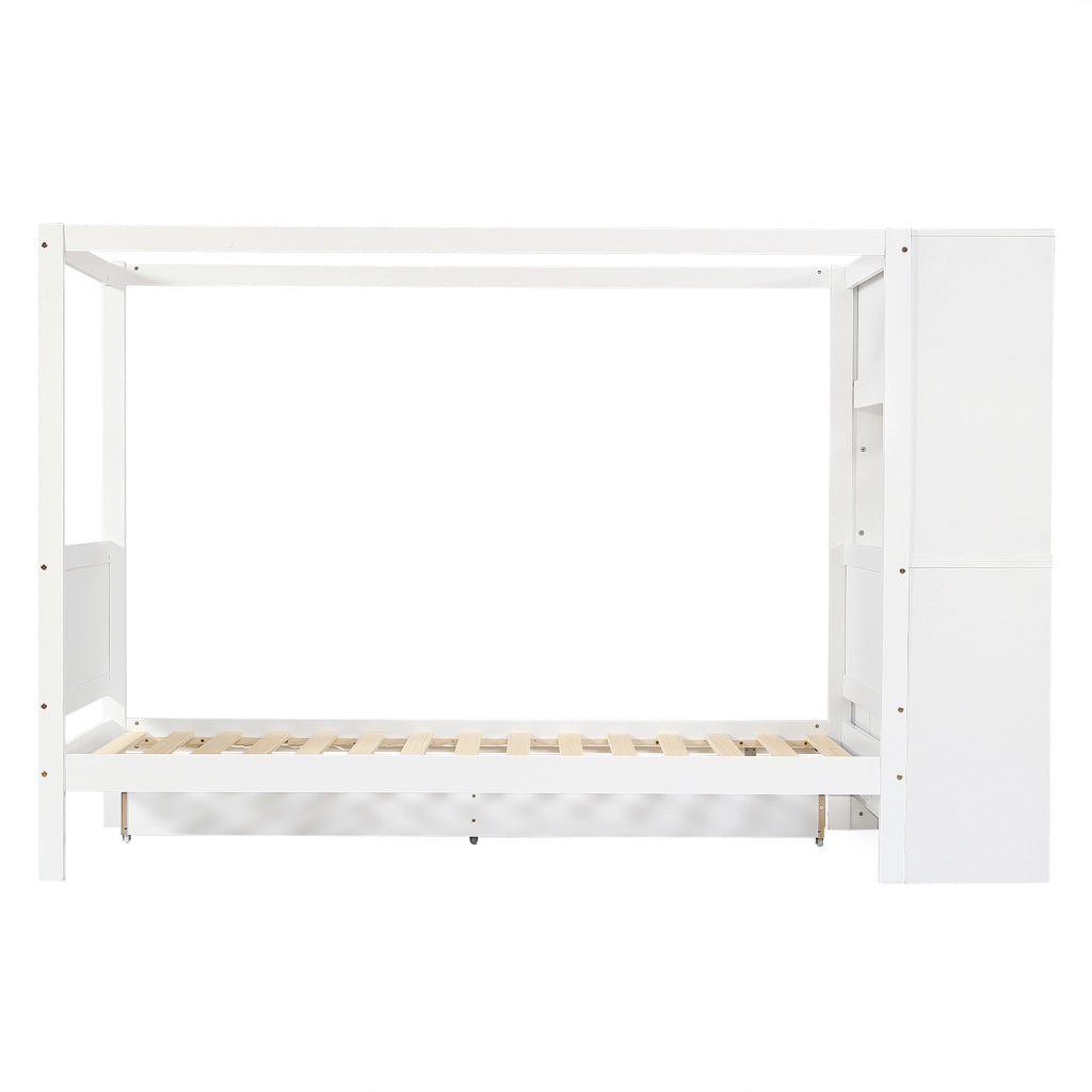 DESMIU Letto per bambini 90 × 200 cm con 5 cassetti contenitori e scrivania, senza materasso, in legno, bianco