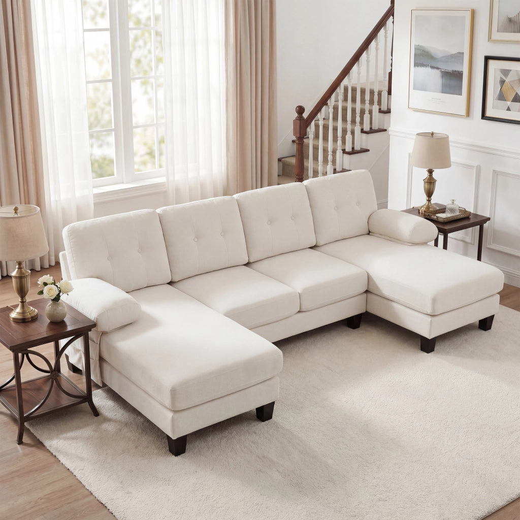 Divano Letto 4 Posti a U con Chaise Longue in Velluto ¨C MINIMAL ¨C Beige