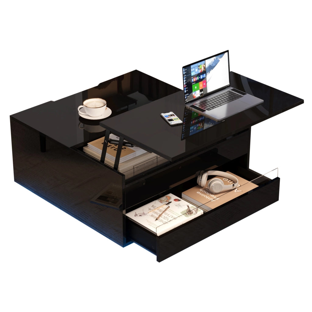 Tavolino da salotto quadrato 70 x 70 x 38 cm con piano ribaltabile; LED; nero lucido