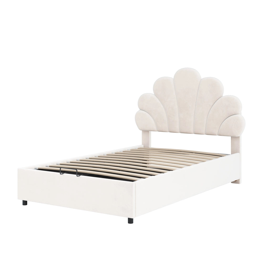Letto singolo imbottito 90x200 cm con contenitore idraulico e rete a doghe; beige