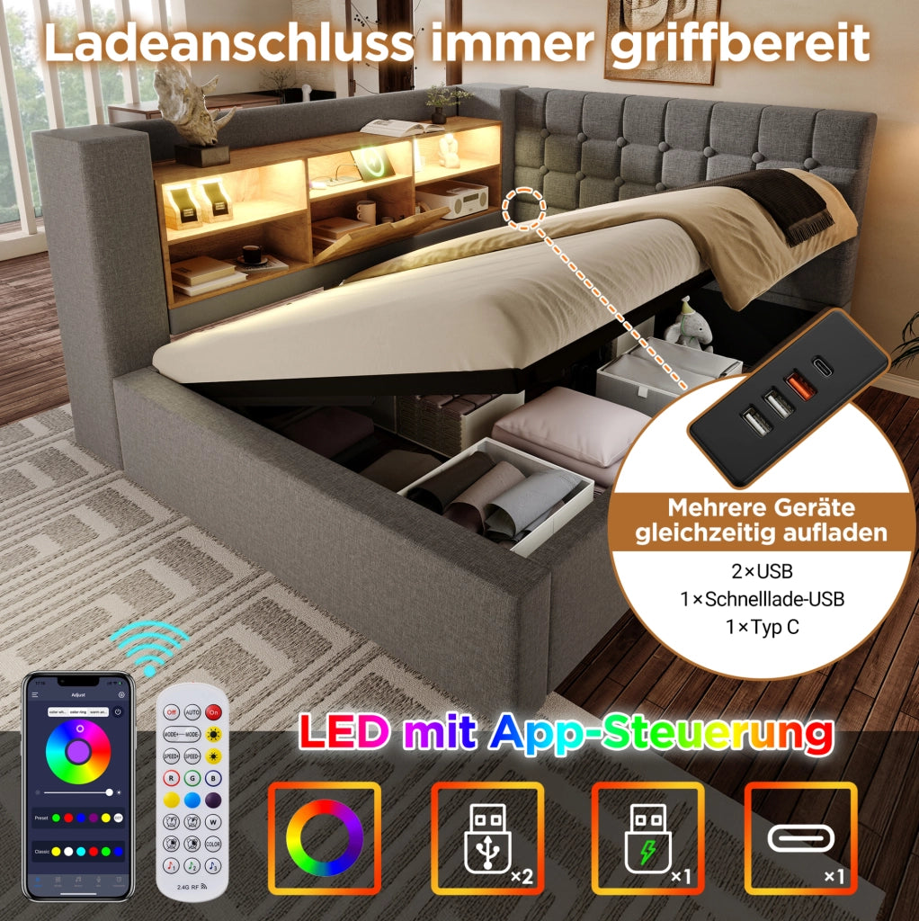 Letto singolo 90x200 cm con LED, ricarica USB-C e materasso