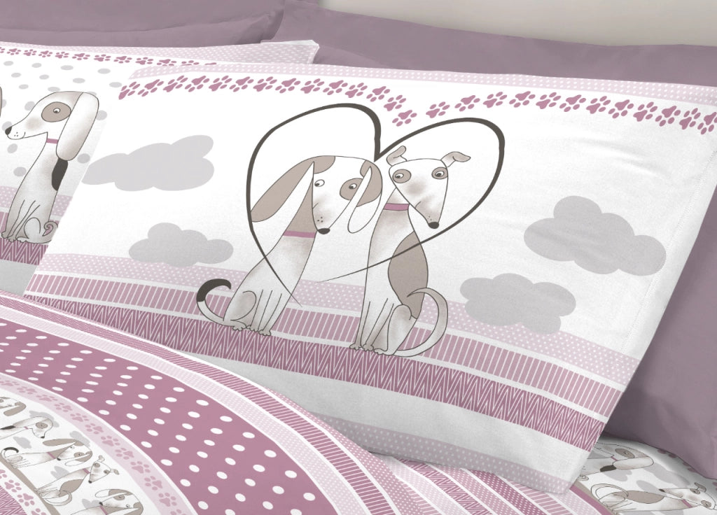 Completo Lenzuola Letto Pensieri Delicati 100% Cotone Dis. Bau Bau - Matrimoniale - Rosa