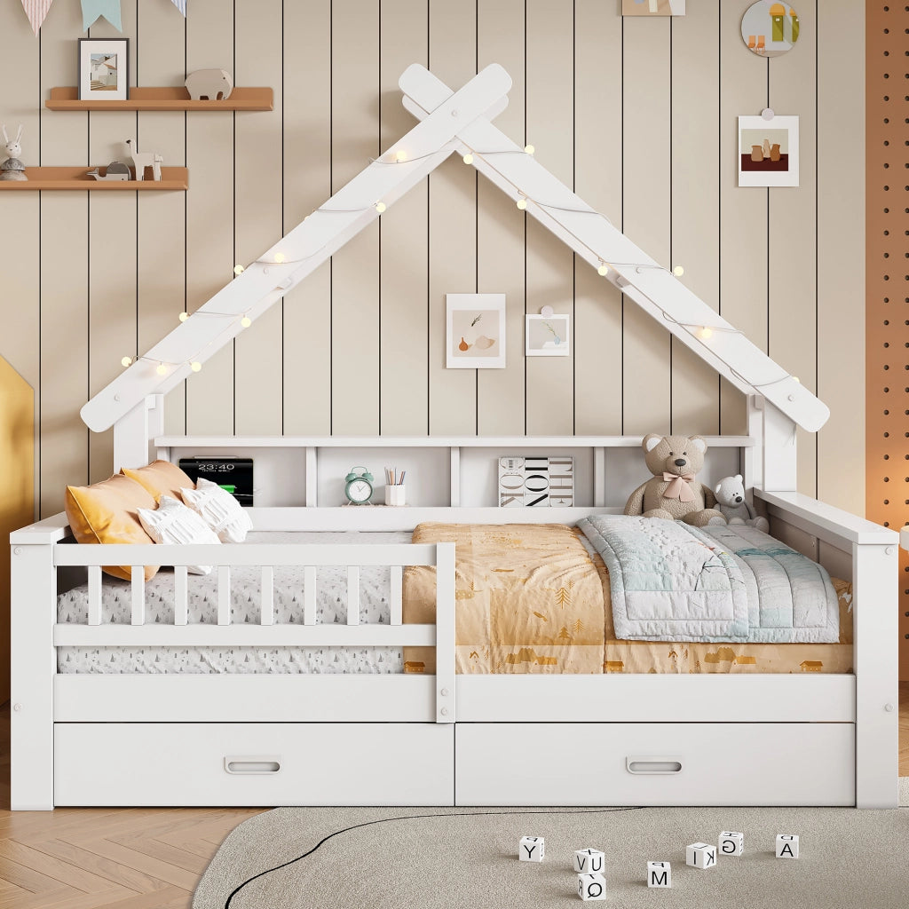 Letto per bambini 140×200 cm con LED; 2 cassetti; ripiani e barriera di sicurezza; senza materasso; bianco