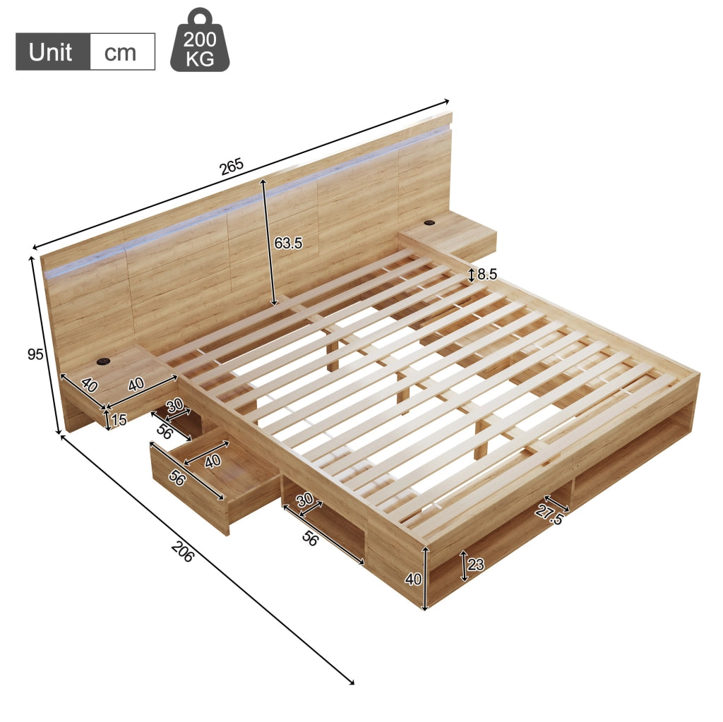 Letto matrimoniale contenitore in MDF naturale con LED; USB e USB-C; con comodini integrati