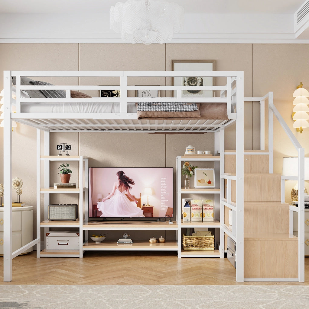 Letto a soppalco 140x200 cm bianco con supporto TV e presa