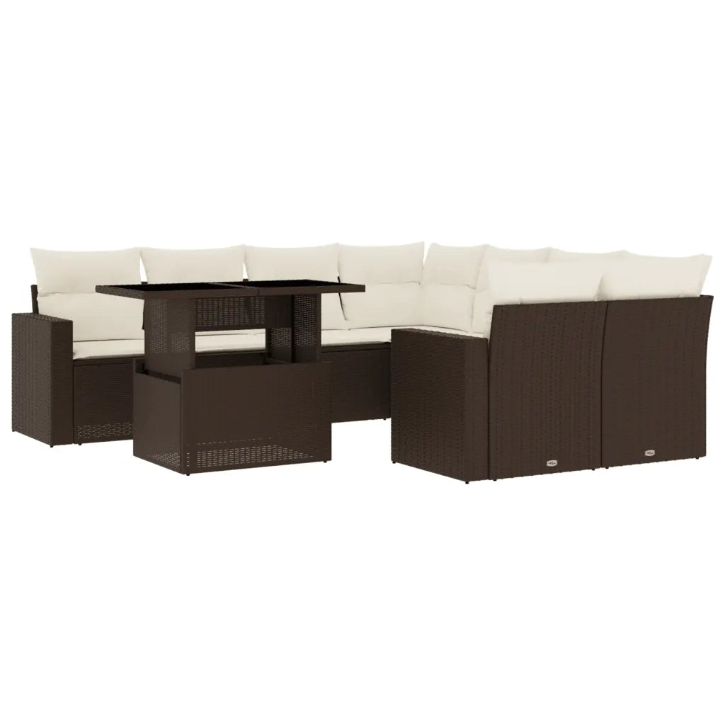 Set Divani da Giardino 9pz con Cuscini Marrone in Polyrattan