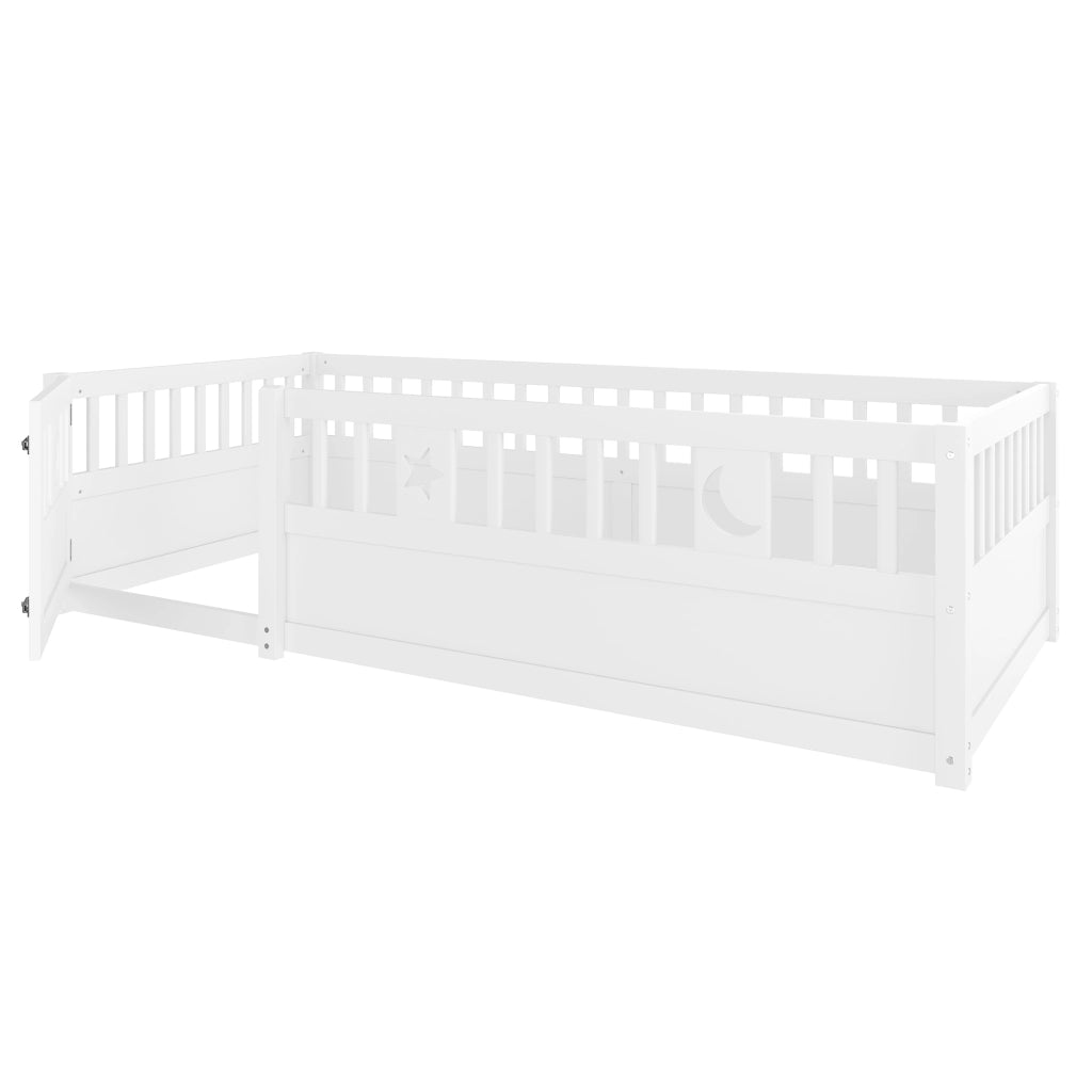 Letto bambino 90×190 cm; letto con sponda; sicurezza; stelle e luna; senza materasso; in legno; bianco