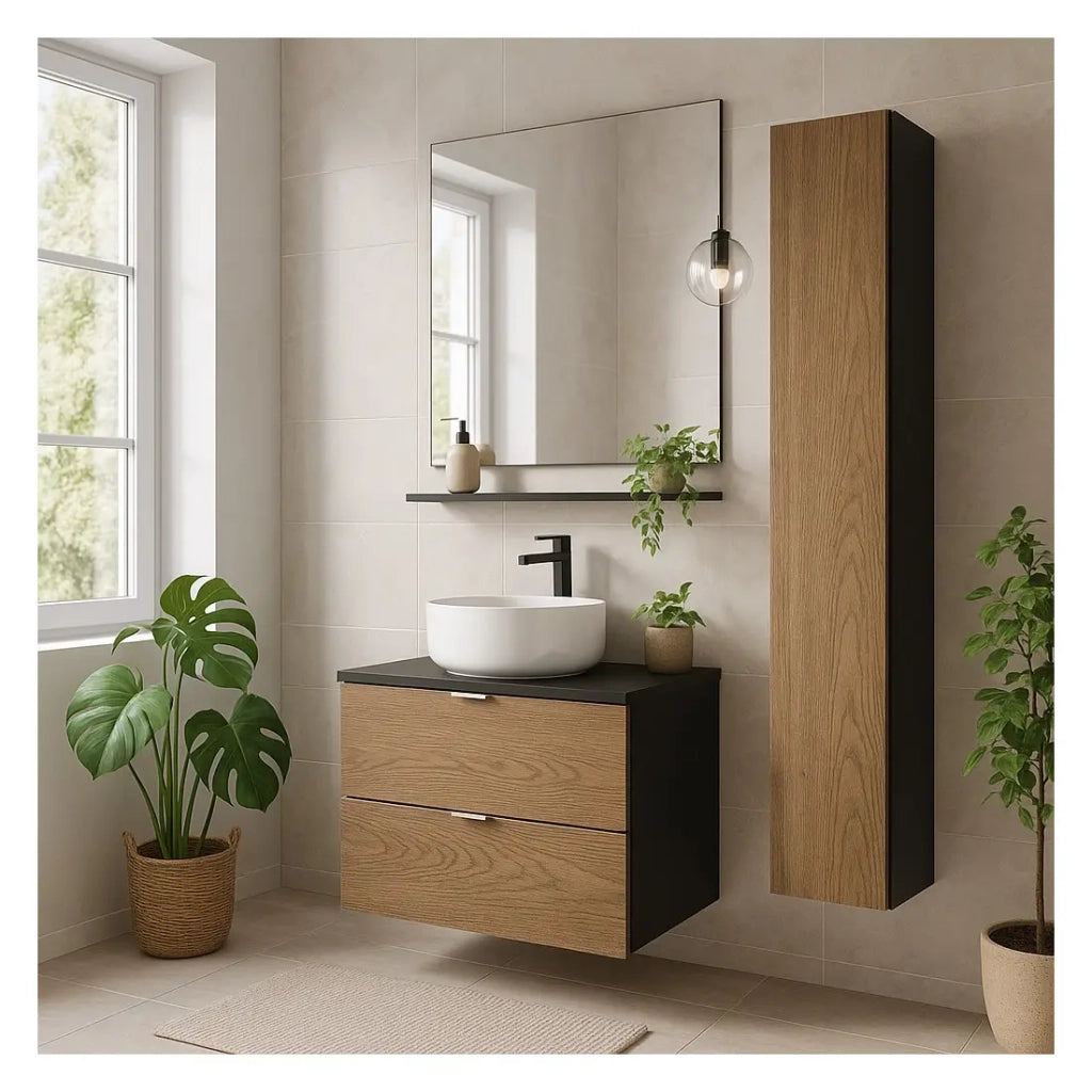 Set SAVIA: mobile sottolavabo 60cm + lavabo bianco rotondo da appoggio + colonna di stoccaggio