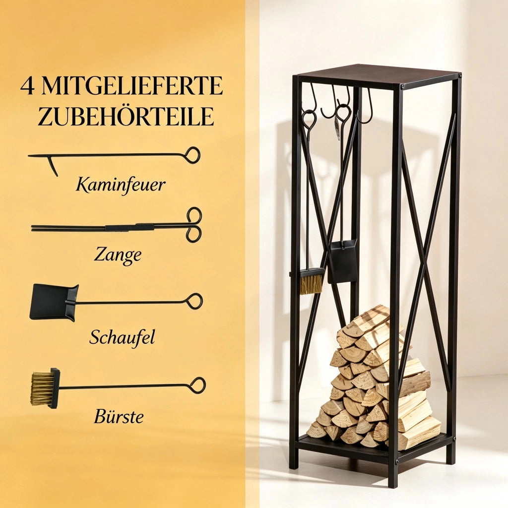 PORTA LEGNA DA CAMINO 34x34x111 cm Metallo Nero con 4 Accessori