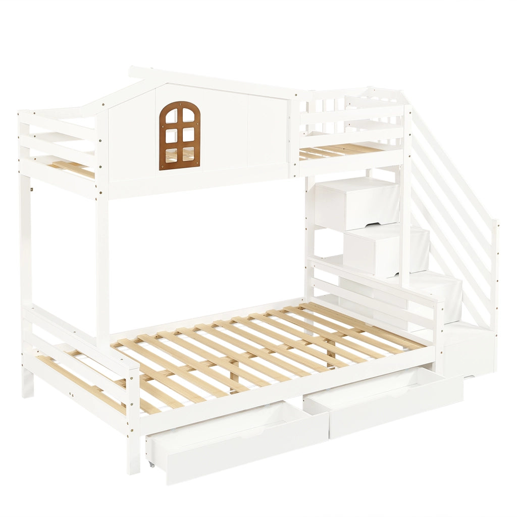Letto a Castello 90 x 200 e 120 x 200 cm - 2 Cassetti; Scala Angolare - Bianco Naturale