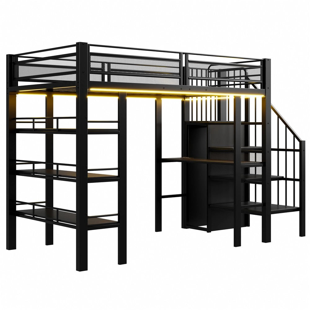Letto a Soppalco Singolo ¨C Xylo ¨C Nero, LED, Rete a Doghe, Libreria, 90x200