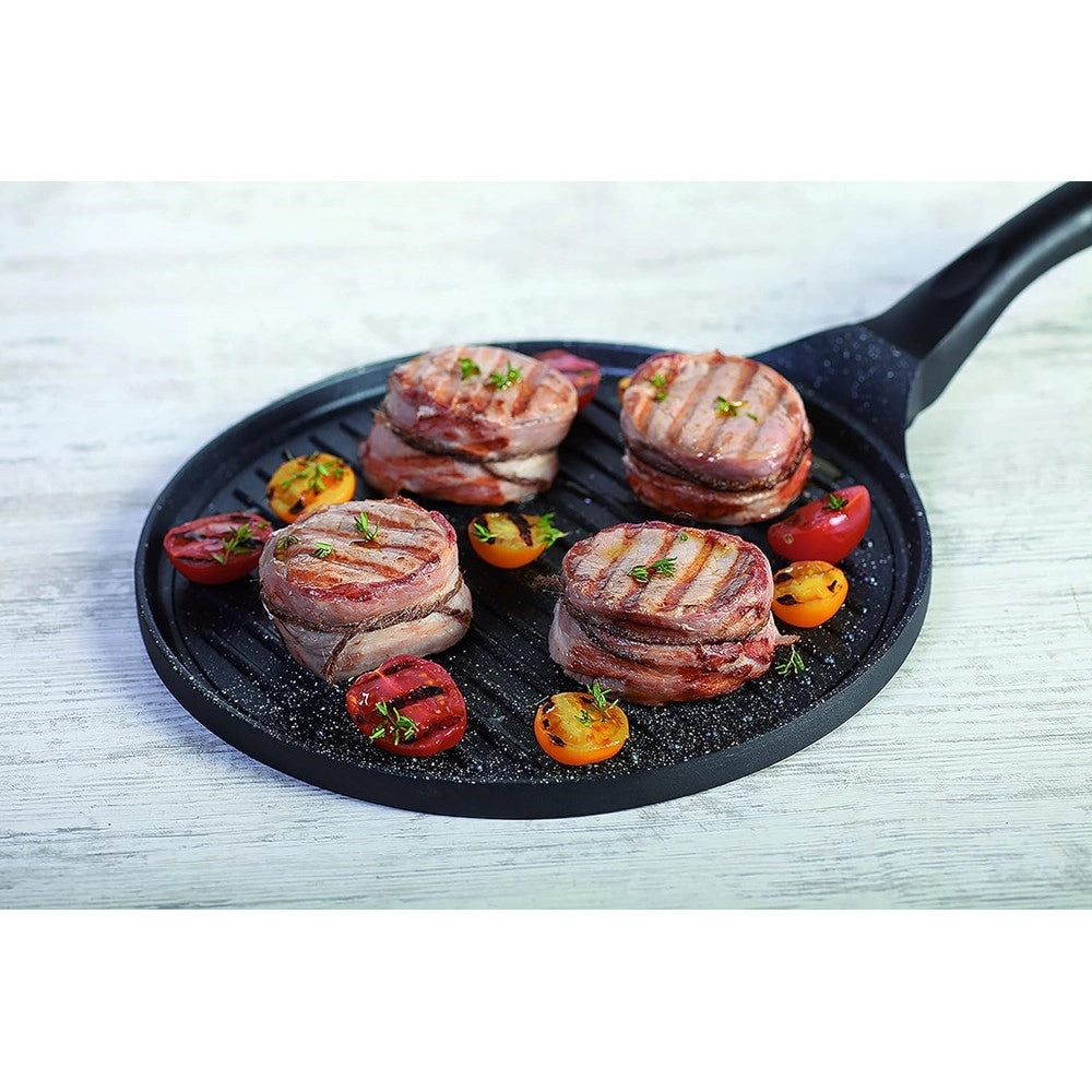 Trade Shop - Padella Antiaderente Piastra Griglia Tonda Per Carne Verdure Nera Accessori Cucina 624390 -
