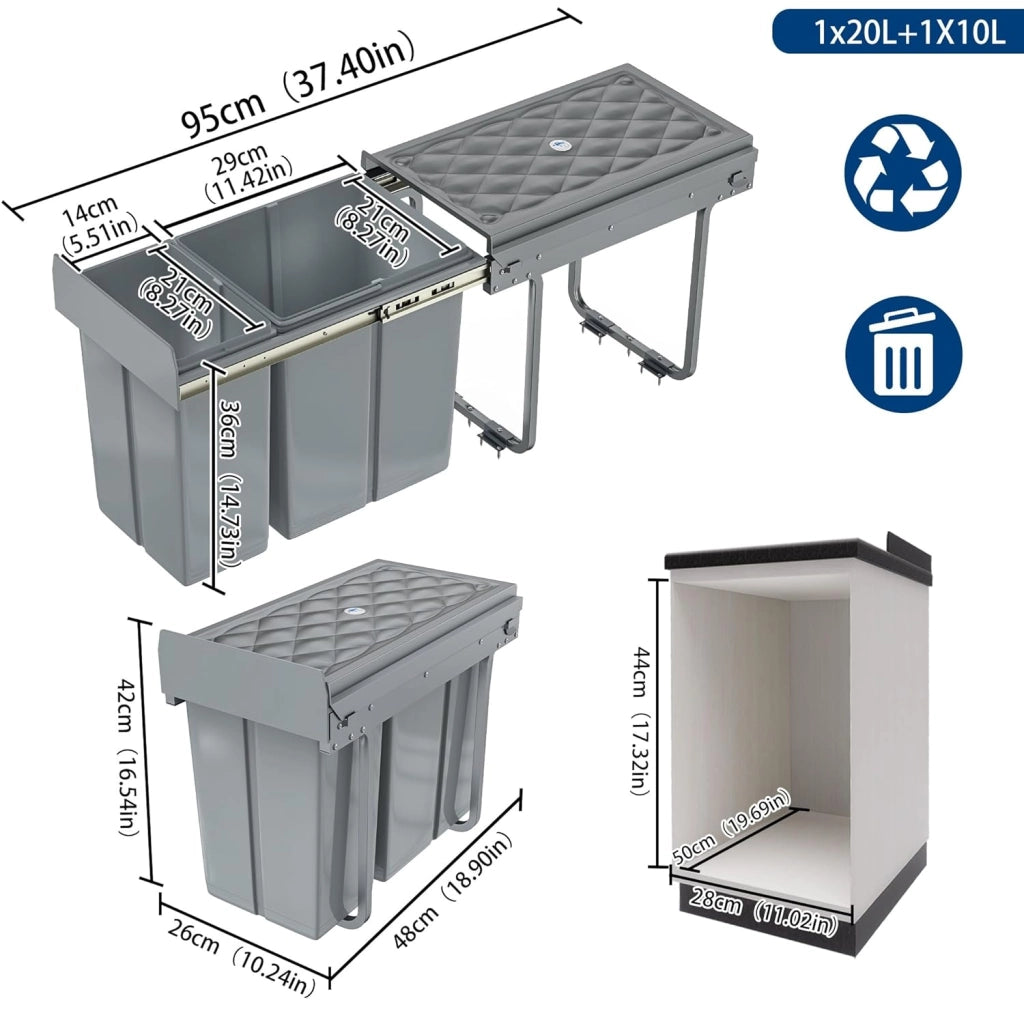 Pattumiera per cucina, 2 scomparti, estensibile, per cucina, armadio inferiore con guide telescopiche, sistema di separazione dei rifiuti, grigio, 1 x 20 L + 1 x 10 L