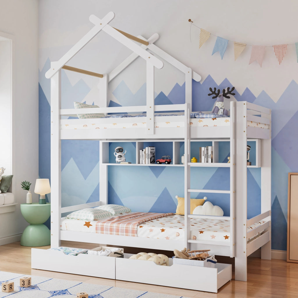 Letto a castello 90 × 200 cm con cassetti, ripiani e scala dritta, senza materasso, in legno, bianco