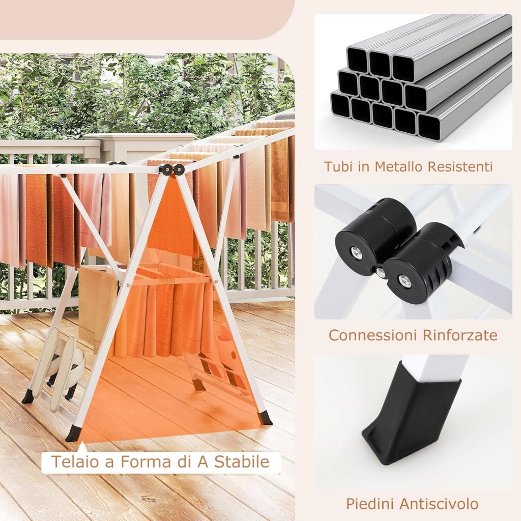 Stendibiancheria con 20 Barre, Stendino Pieghevole in Metallo Regolabili in Altezza, Clips per Calzini, Supporto per Abbigliamento Autoposante a Ali per Interno Esterno (Bianco)