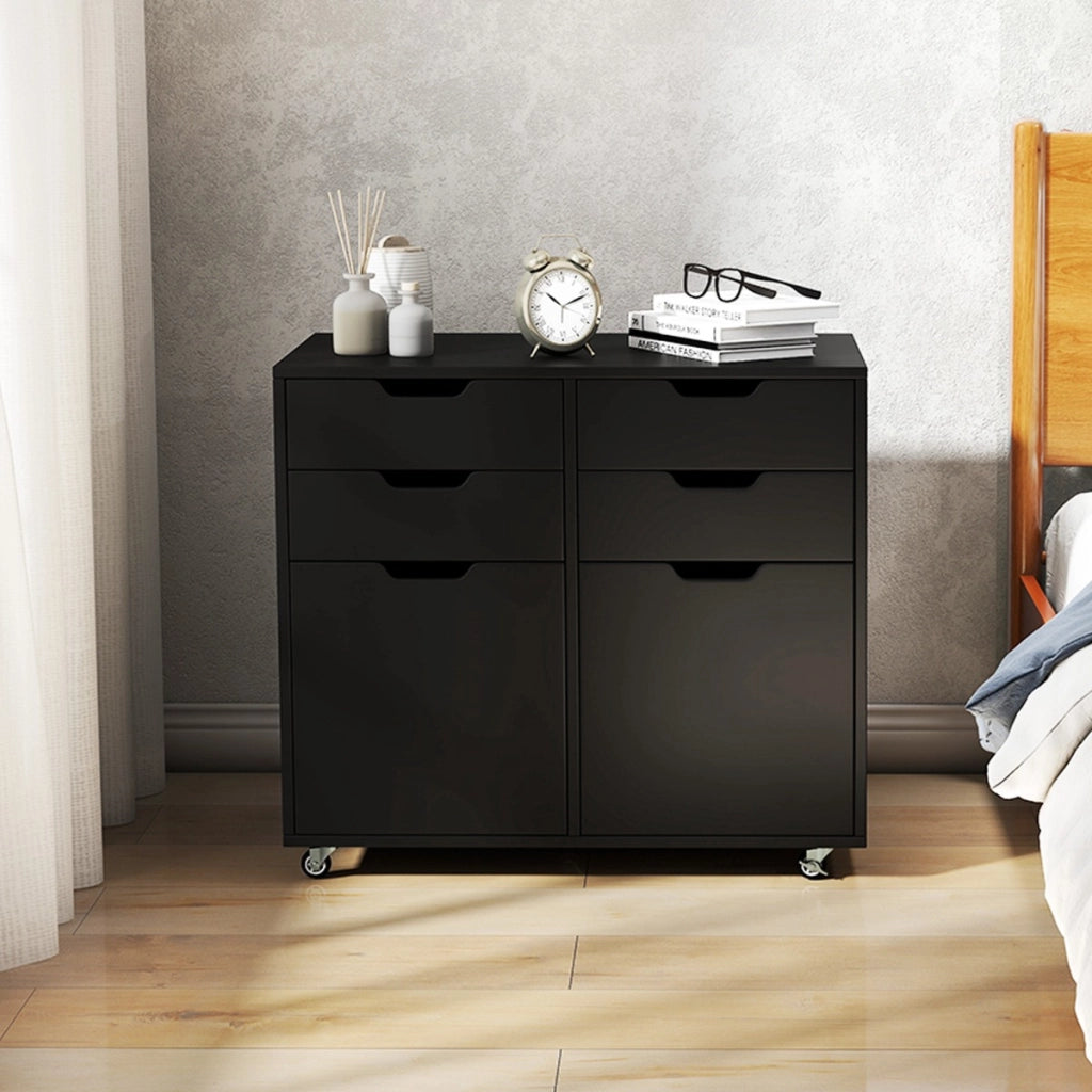 Mobiletto di stoccaggio in legno con 5 ruote universali, Supporto per stampante con 4 cassetti per ufficio Nero-Cassettiere