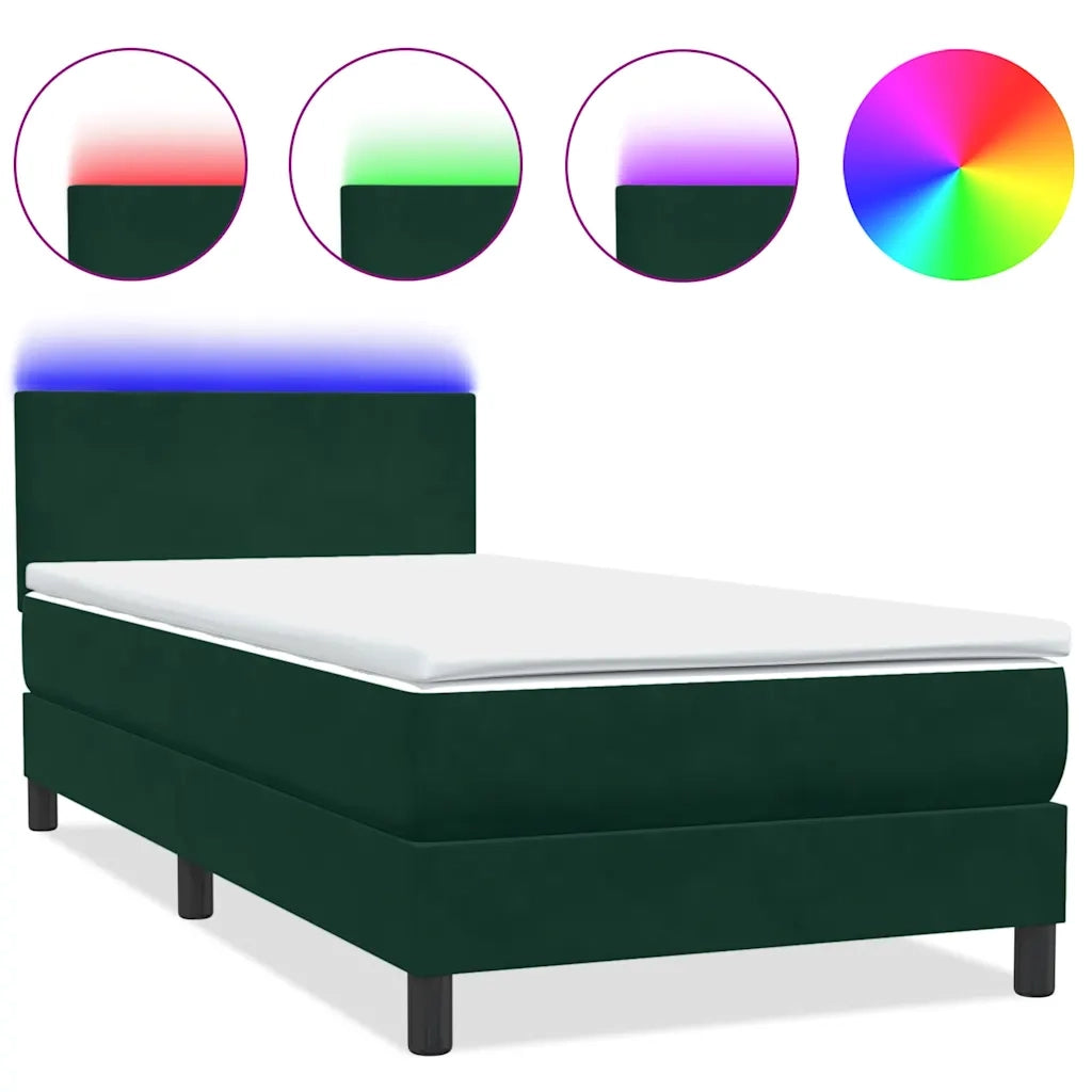 Letto singolo | Letto per adulti | Letto a Molle con Materasso e LED Verde Scuro 80x220 cm Velluto