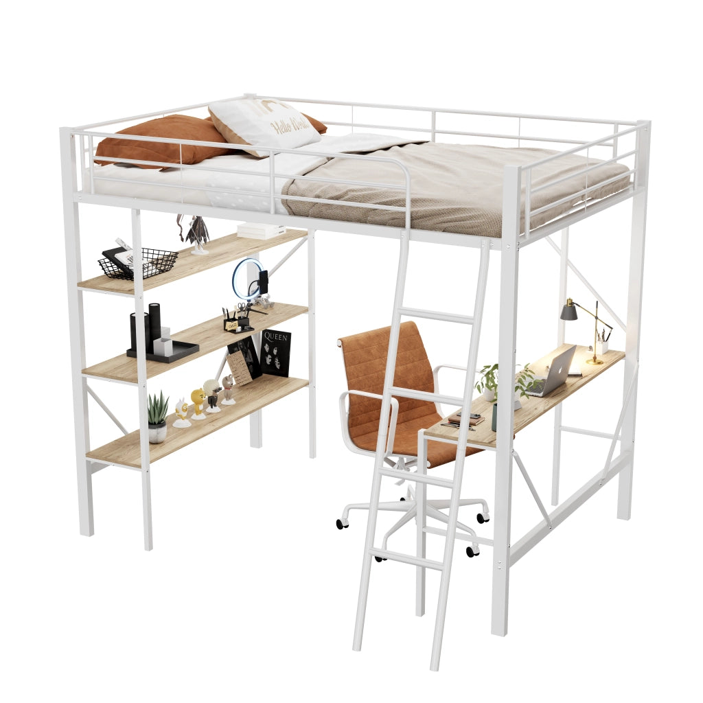 Letto a soppalco; Letto singolo con scrivania e 3 ripiani; 90×200 cm; senza materasso; metallo e MDF; Bianco