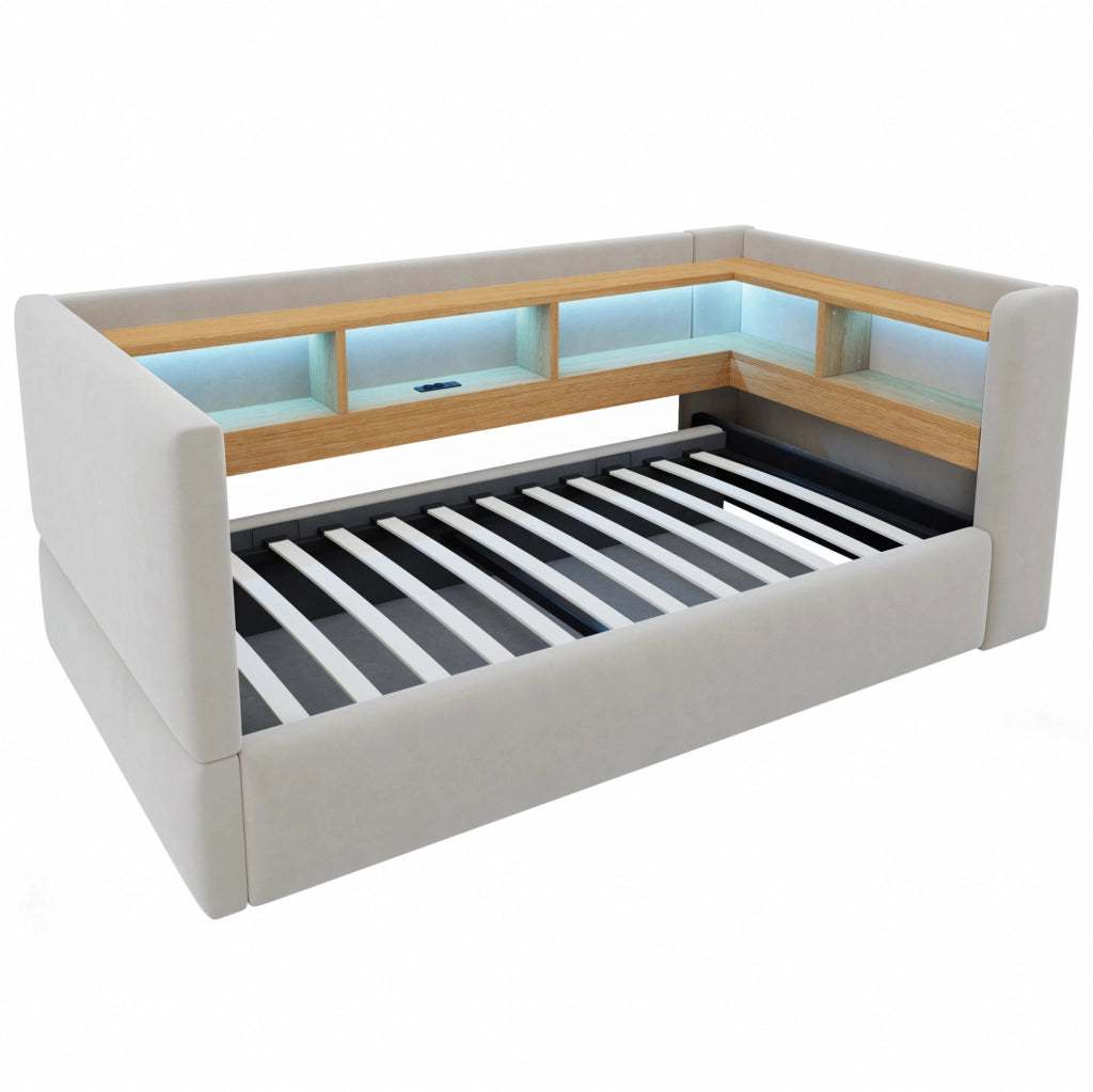 Divano letto imbottito 90x190 cm con contenitore idraulico; LED e prese; grigio chiaro