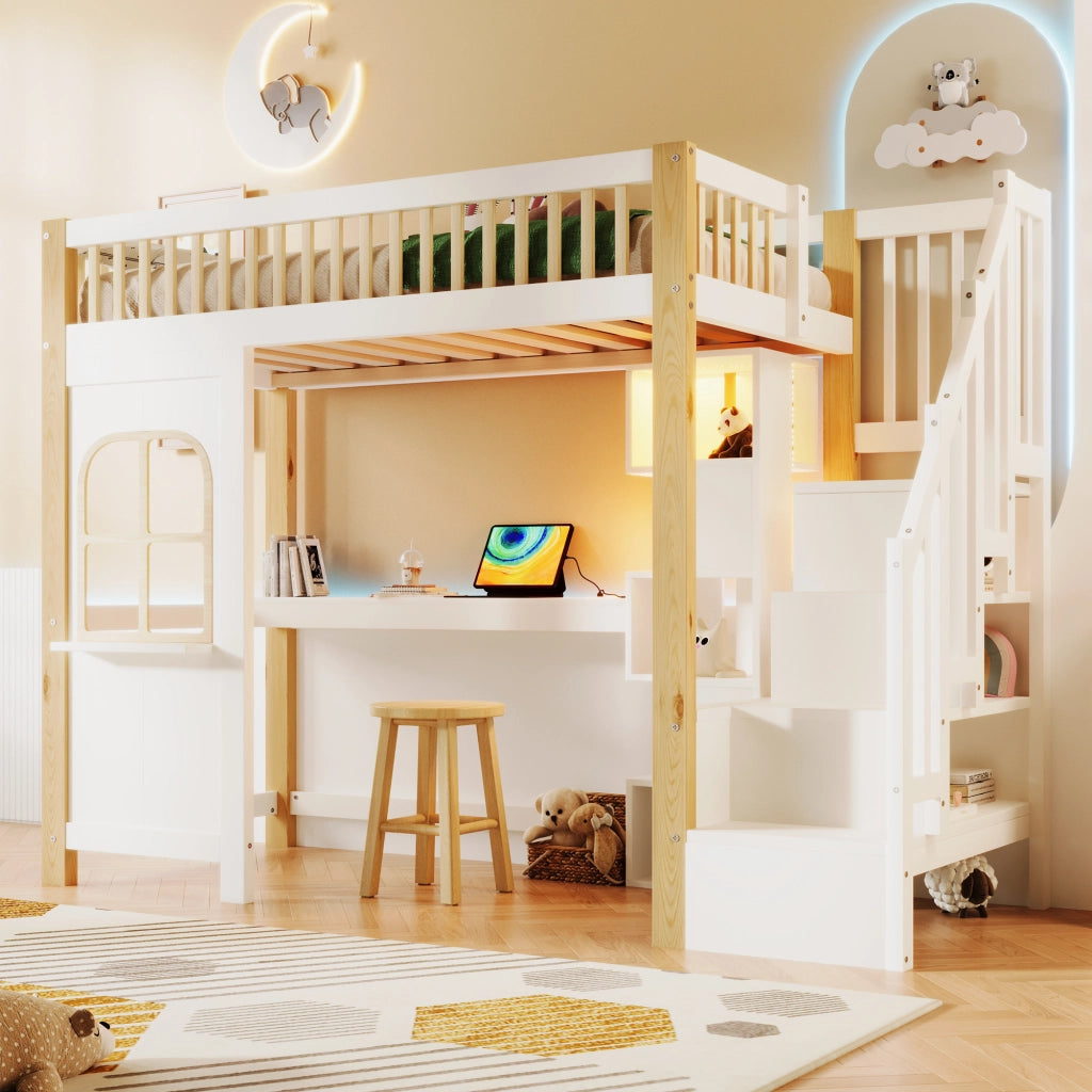 Letto a Soppalco Singolo con LED; Scrivania; Scala Contenitore e Ripiani 90×200 cm; senza Materasso
