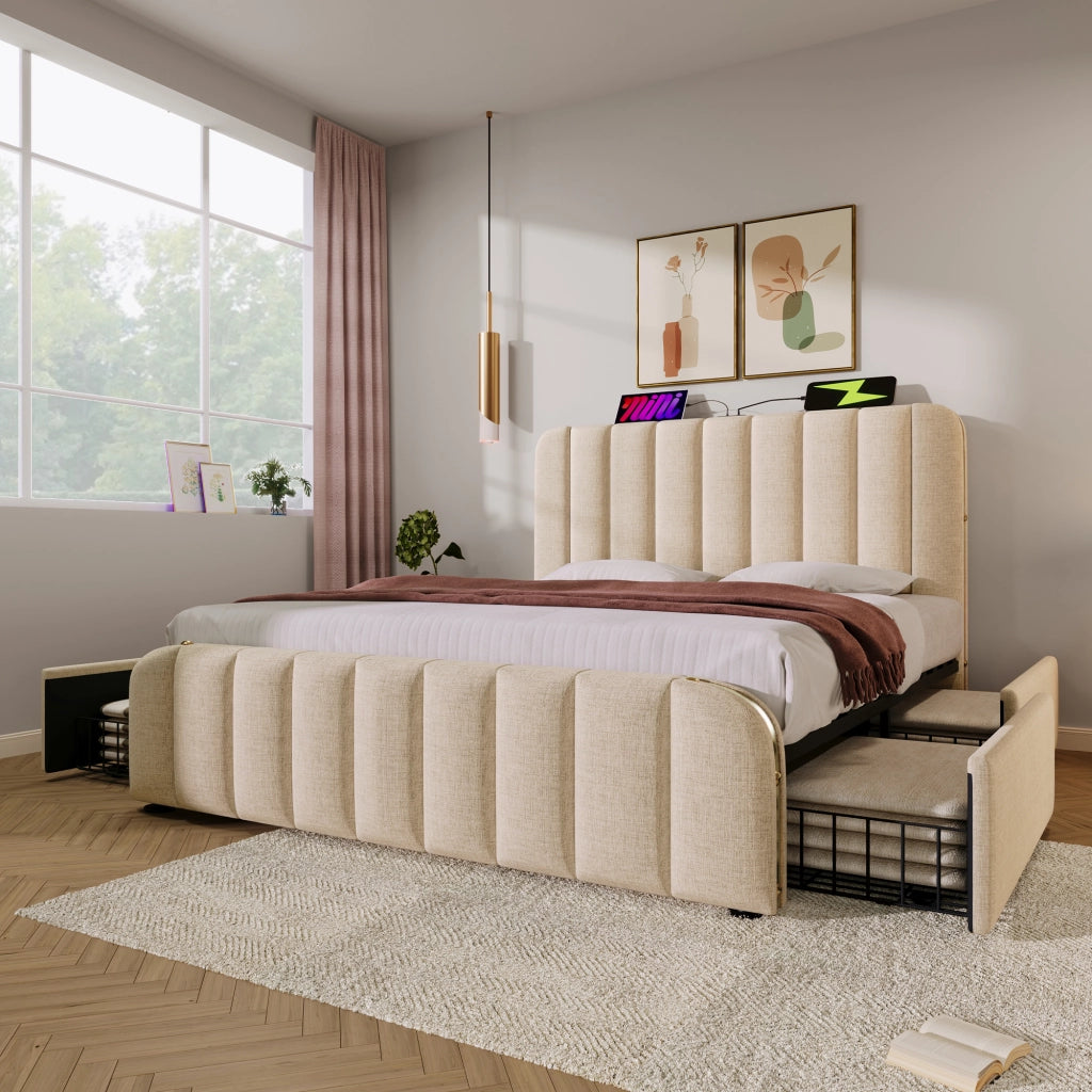 LETTO matrimoniale 140x190 cm beige in lino con 4 cassetti e USB Type-C