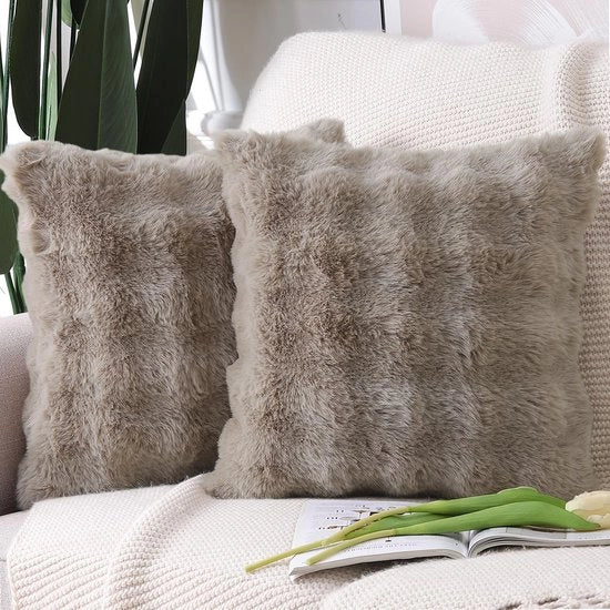 Set di 2 cuscini di piuma morbidi, decorativi, in velluto, con coperchi in pelle morbida, per divano, camera da letto, taupe, 60x60 cm.